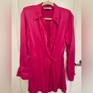 Zara - Women’s bright pink satin long sleeve blazer dress. Size XL, runs small.